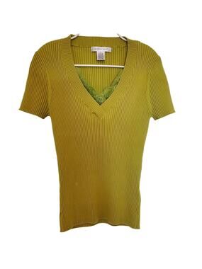 August Silk Spring Green V-Neck Sweater Tee with Lace Size L